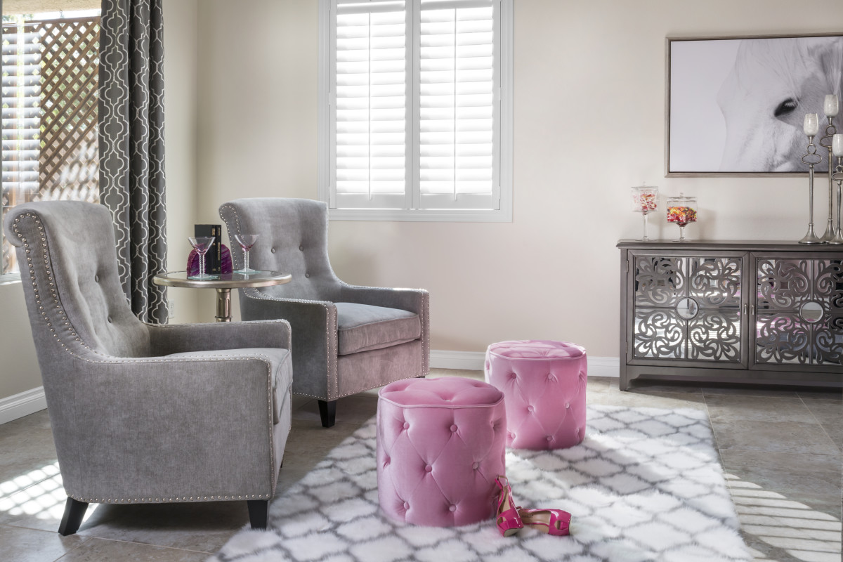 Charlotte pink living room with shutters